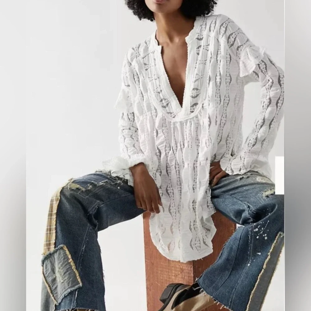 Free People Ivory Candy Shop Lace Long Sleeve Ruffle Boho Textured Tunic Top XS